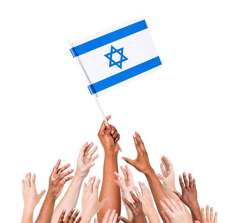 Multi-Ethnic Arms Raised for the Flag of Israel