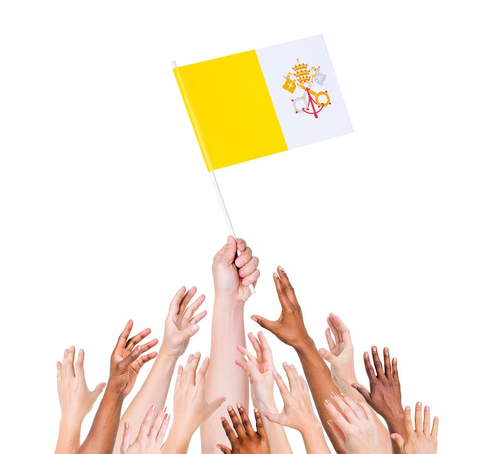 Human hand holding Vatican city flag among multi-ethnic group of people's hand
