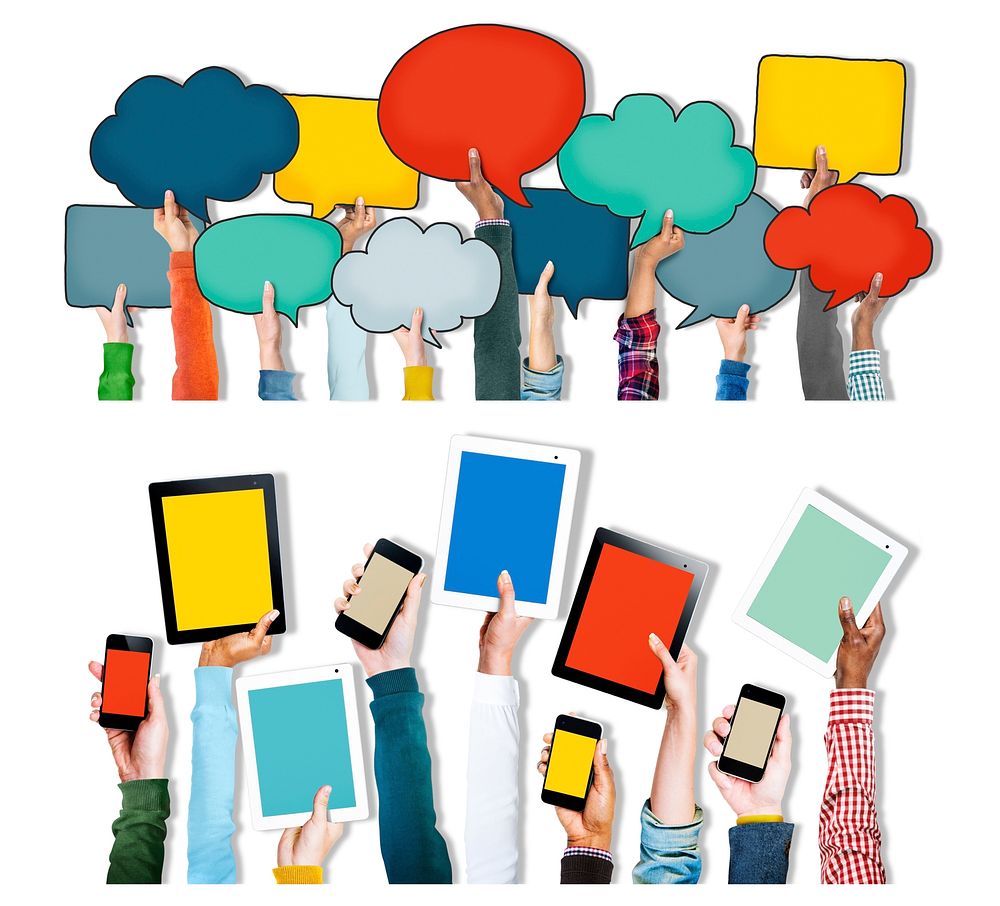 Group of Hands Holding Digital Devices and Speech Bubbles