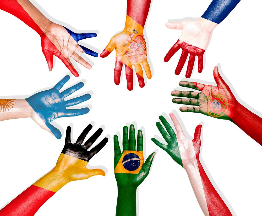 Multi-National Flags Drawn on Hands Forming a Circle