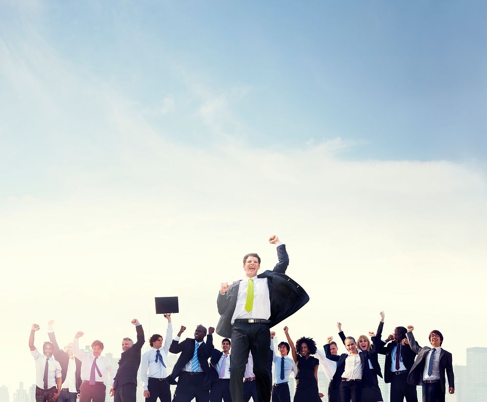Business People Hands Raised Rooftop City Concept