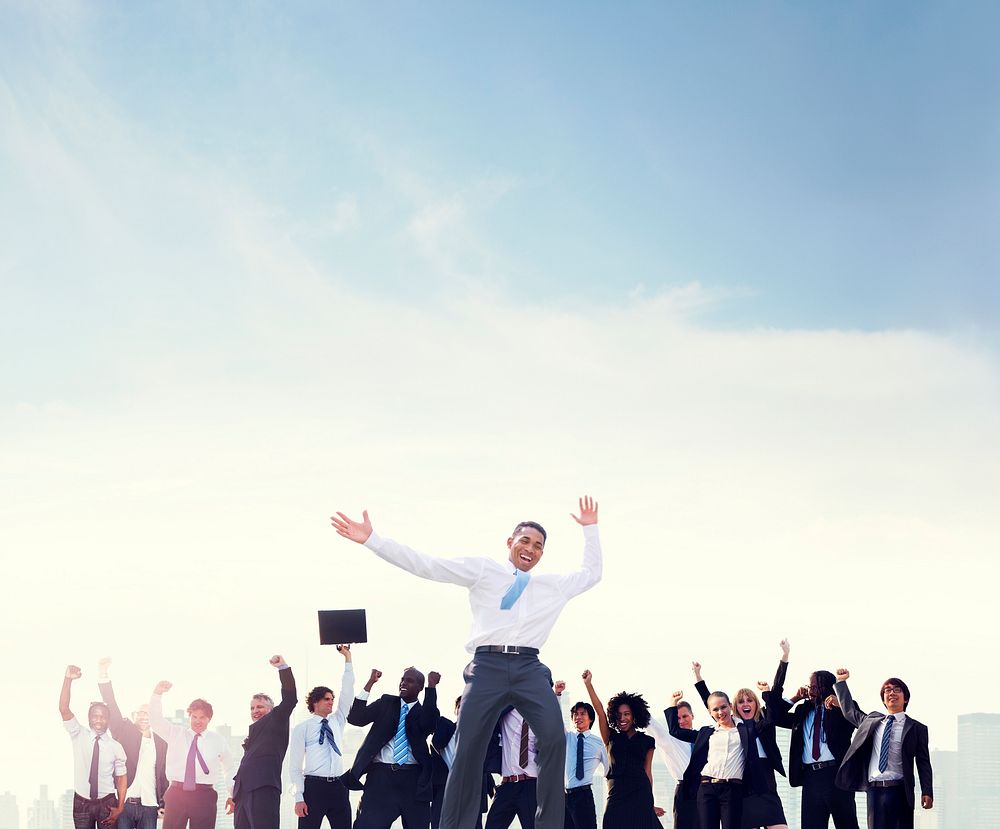Business People Hands Raised Rooftop City Concept