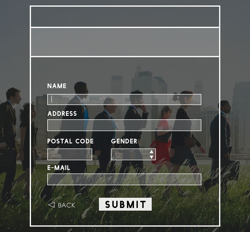 Business people walking on a field with website submit form