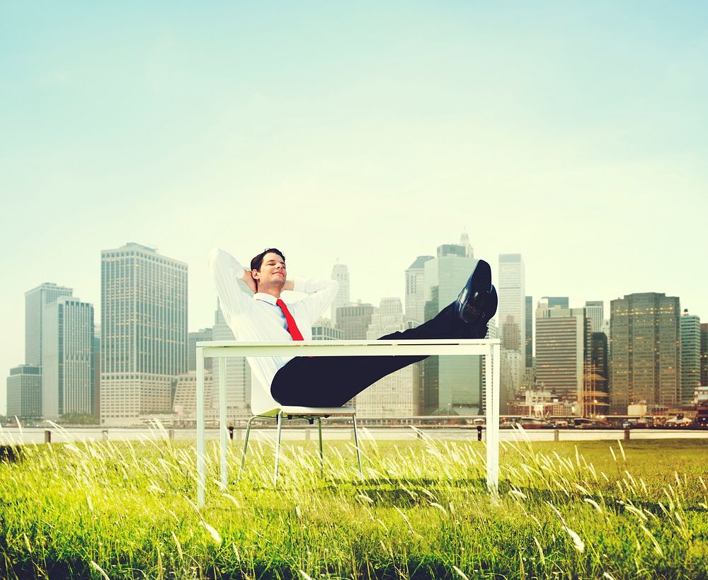 Business Man Sitting Back Relaxing Outdoors Concept