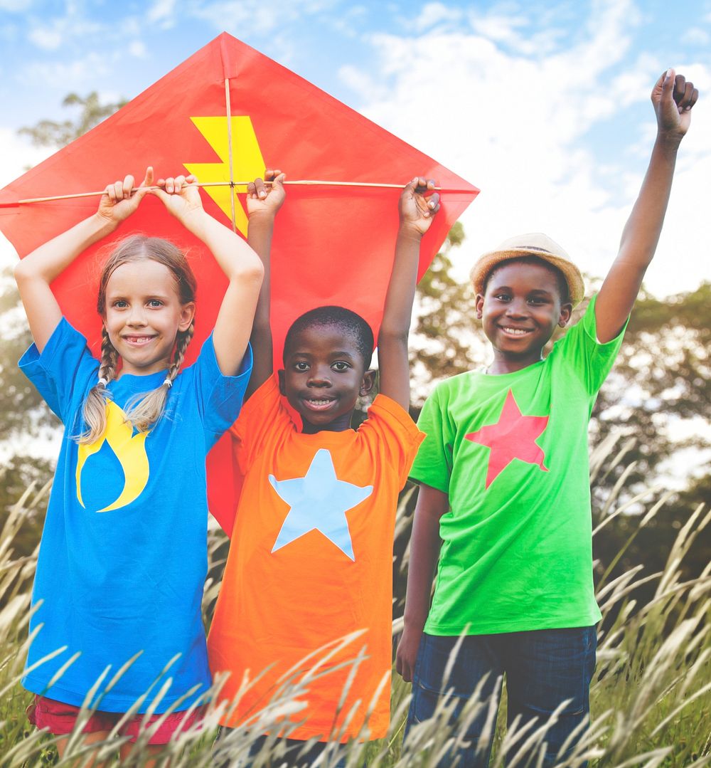 Kids Diverse Playing Kite Field Young Concept