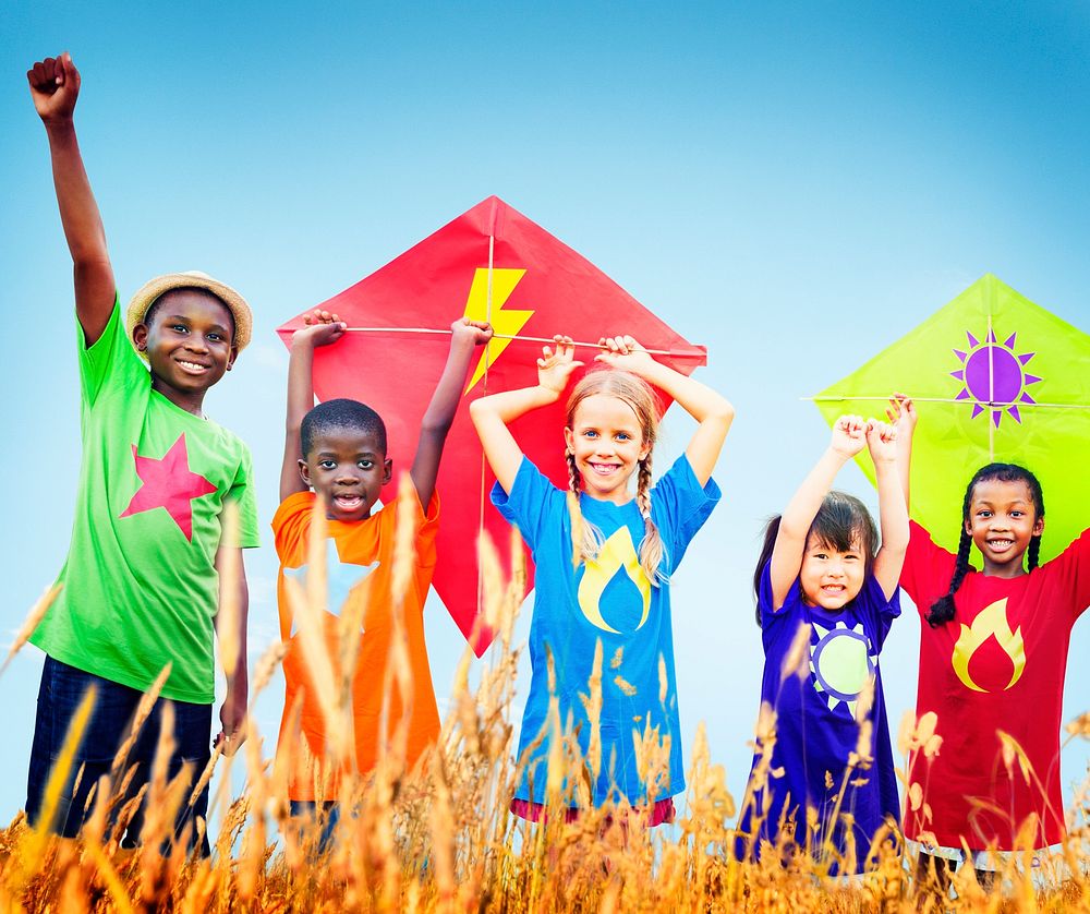 Kids Diverse Playing Kite Field Young Concept