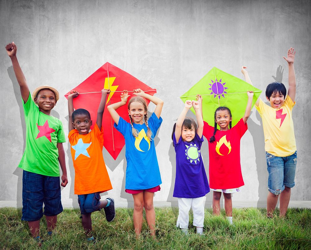 Children Friends Kite Colourful Kids Smiling Concept