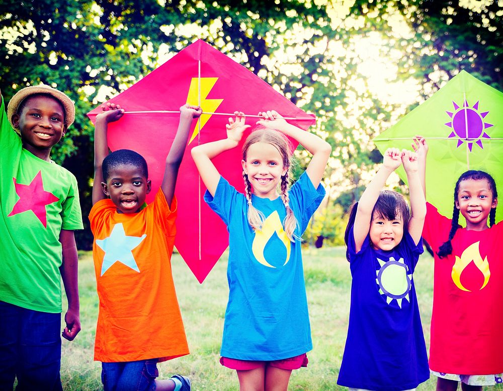 Children Playing Kite Happiness Bonding Friendship Concept