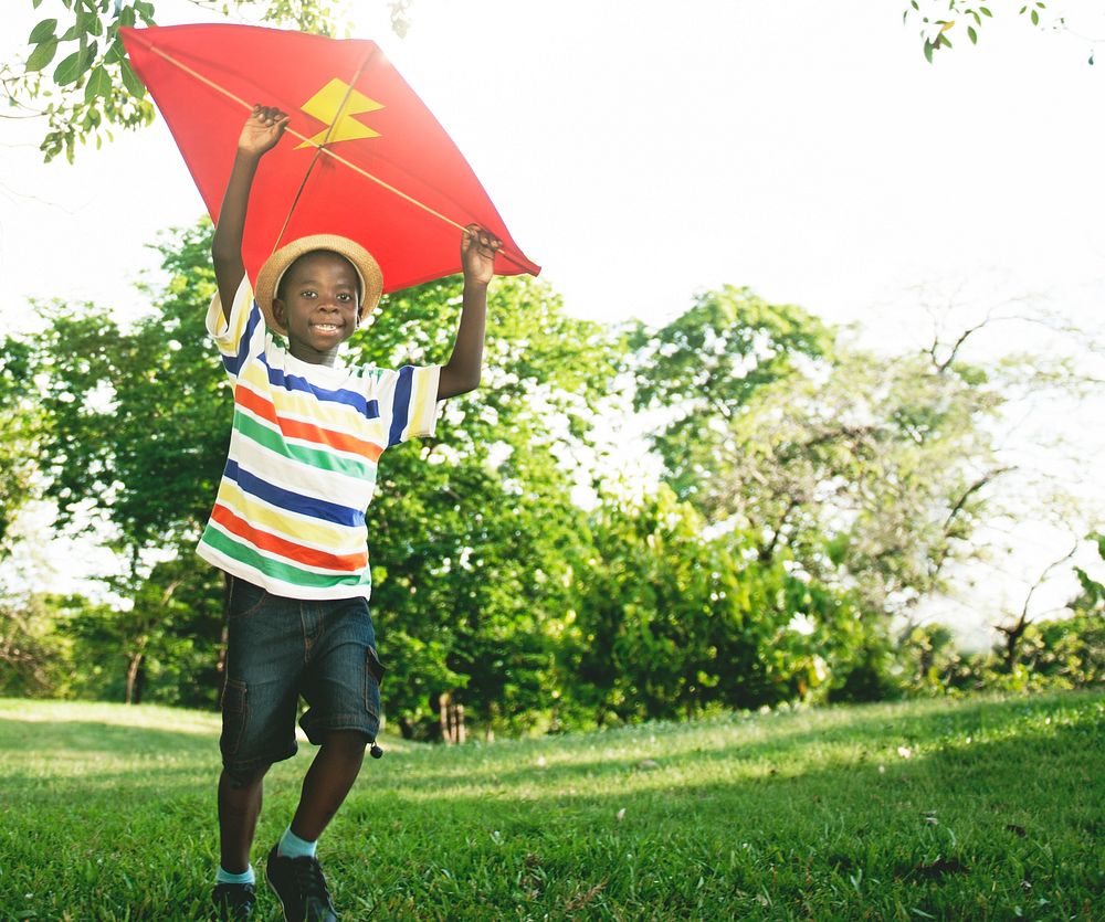 Little Boy Flying Kite Playing Cheerful Activity Concept