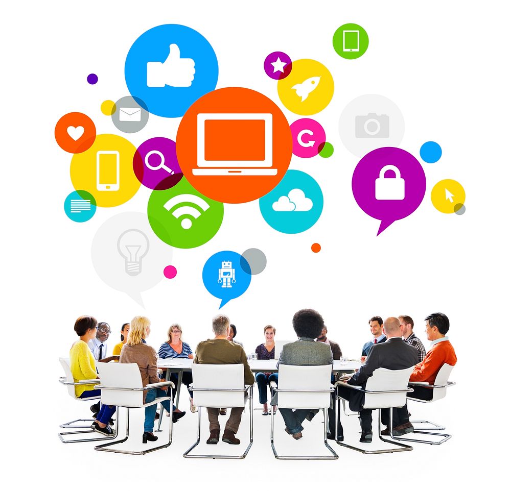 Group of Multi-Ethnic People in a Meeting and Social Networking Related Symbols Above