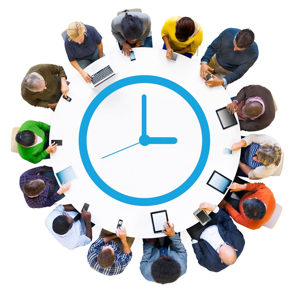 Diverse People Using Digital Devices with Clock Symbol