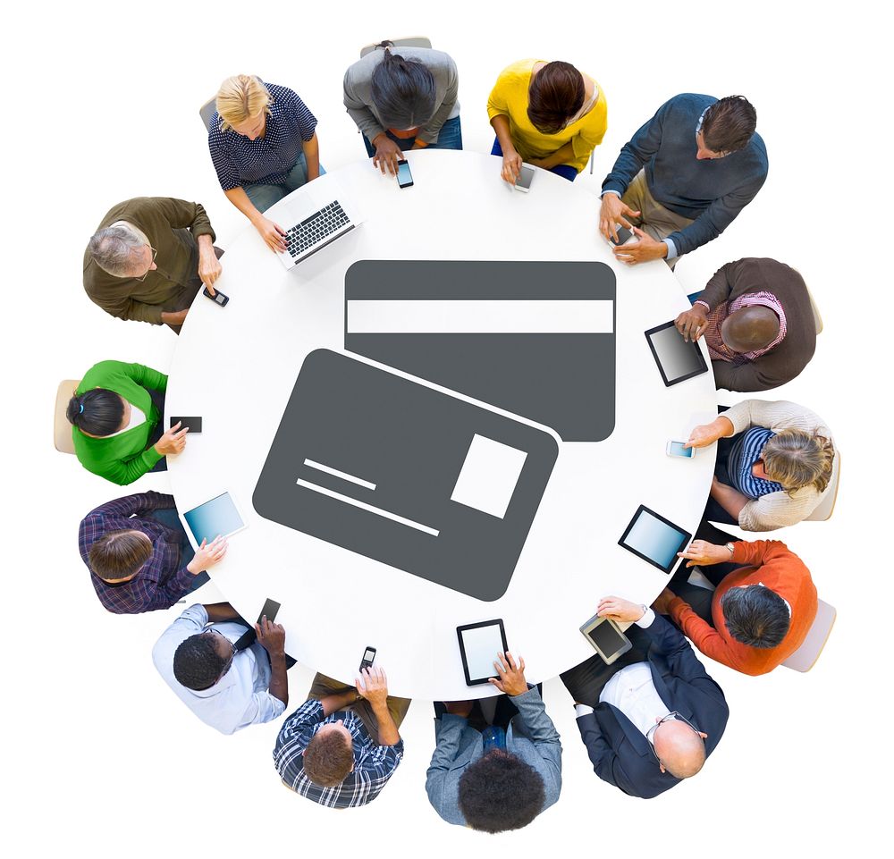 Group of People Using Digital Devices with Credit Card Symbol