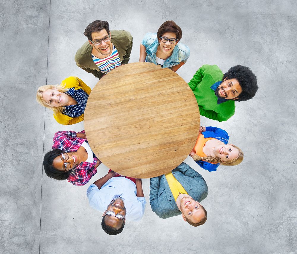 Aerial View Cheerful People Looking Up Conference Table