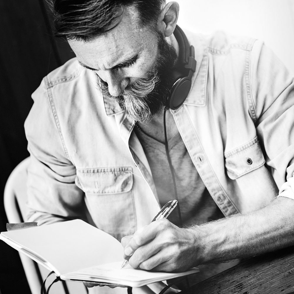 Man Hipster Working Writing Casual Vision Planning Strategy Concept