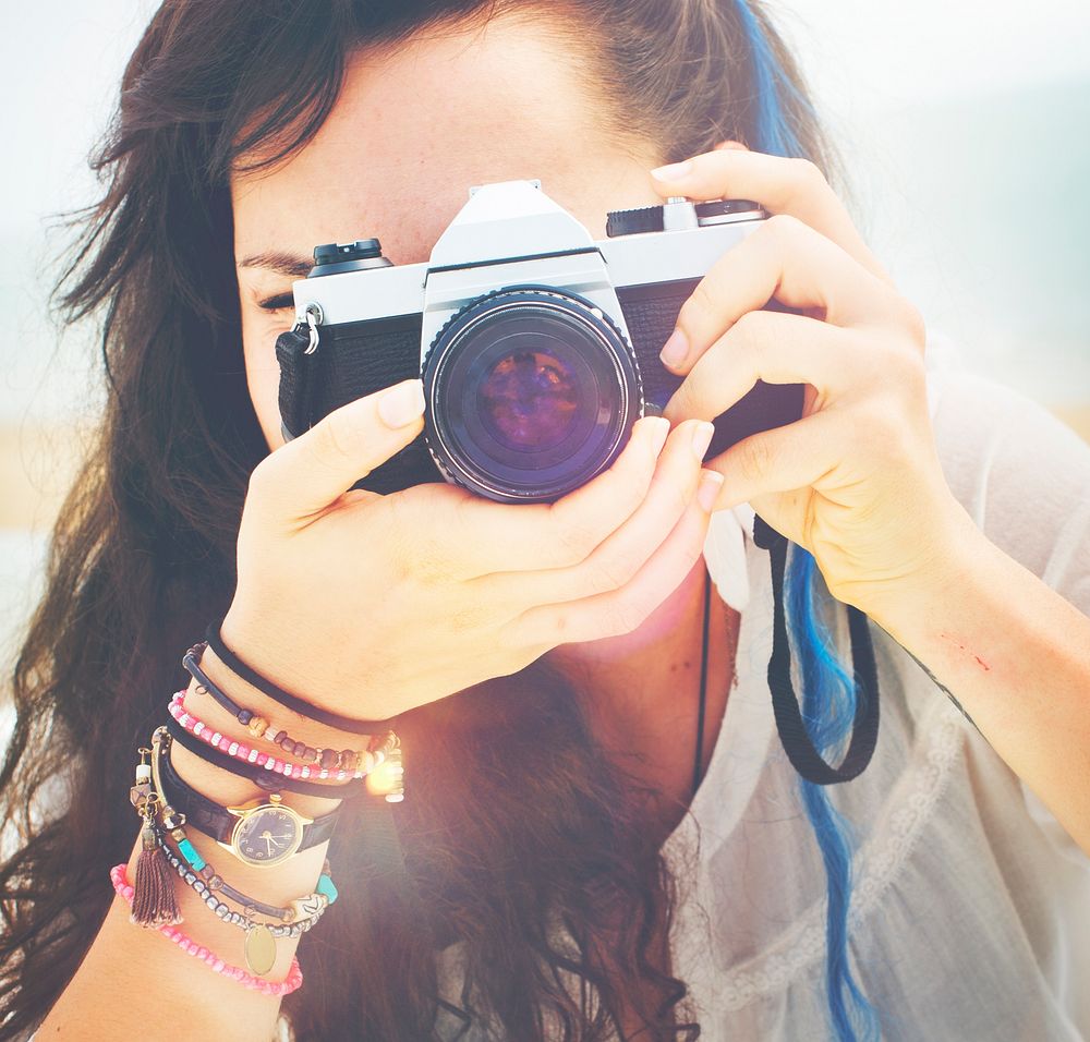 Pretty Photographer Woman Beach Vacation Lifestyle Concept