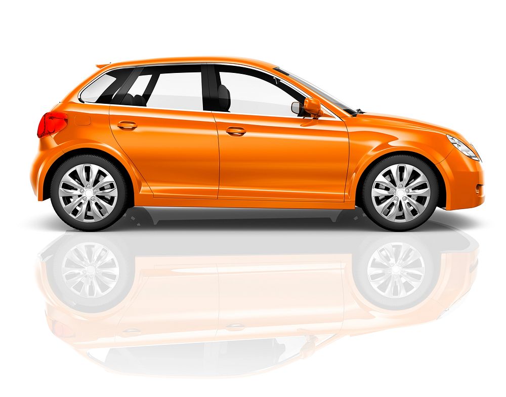 Studio photo of an orange sedan in a white background.