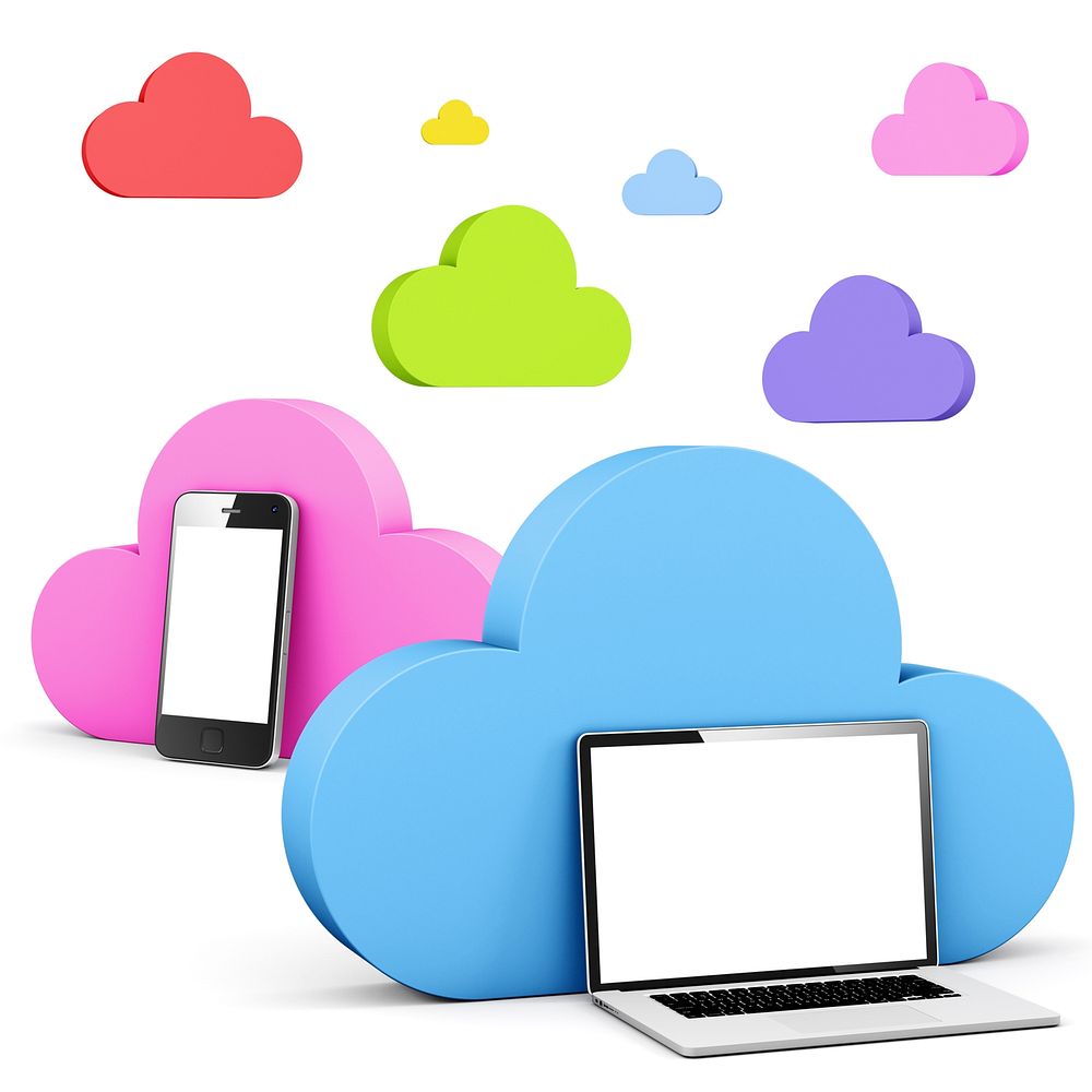 multi colored cloud shape speech bubble with phone and laptop.