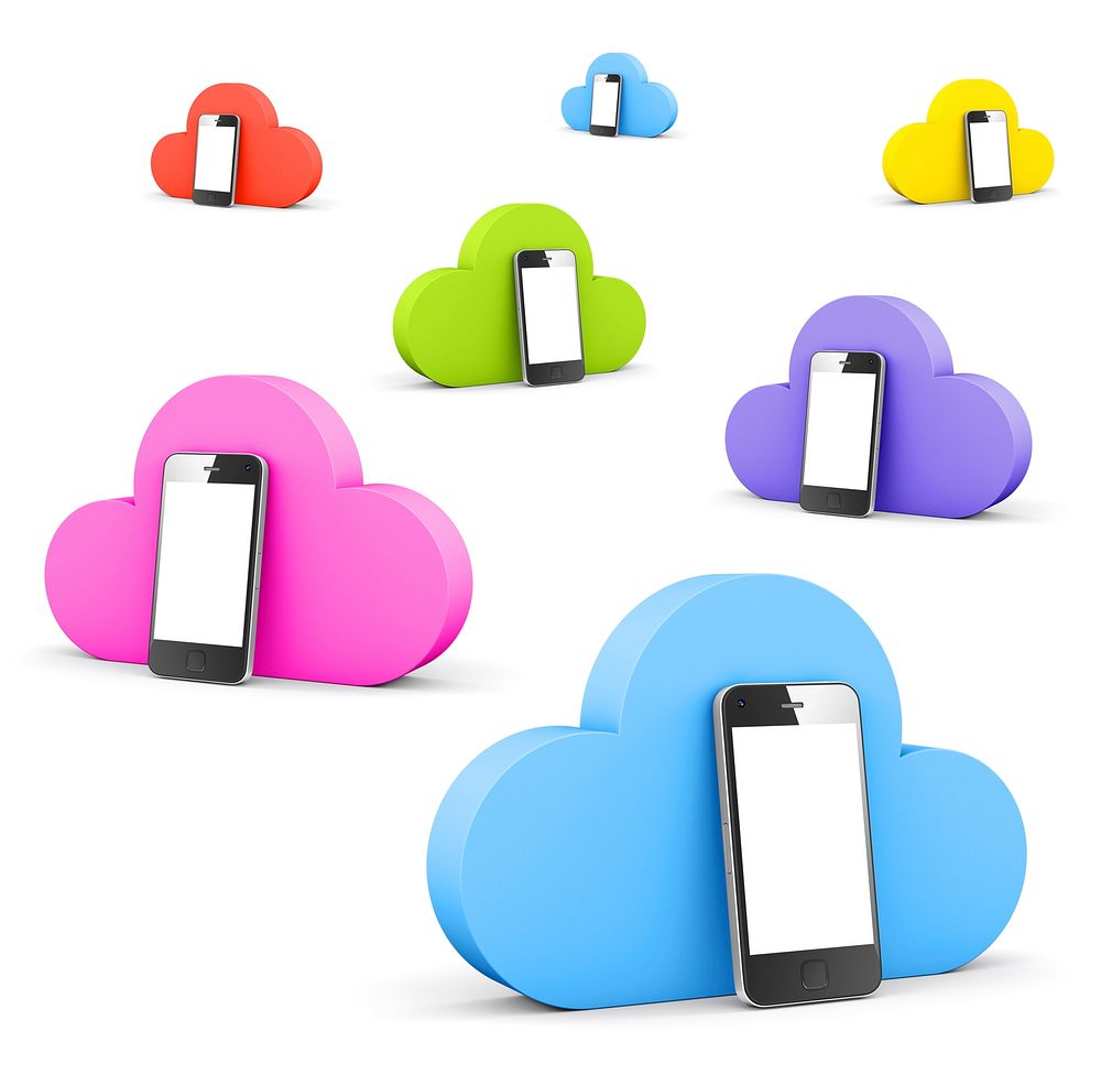 multi colored cloud shape speech bubble with phones.