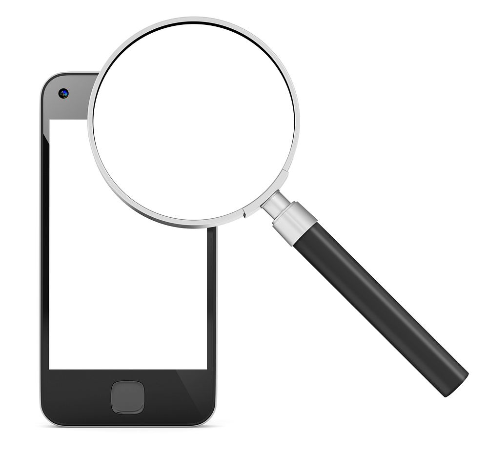 Smart phone research and magnifying glass.
