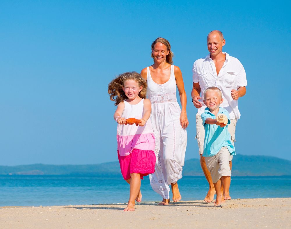 A Caucasian family is enjoying summer vacation