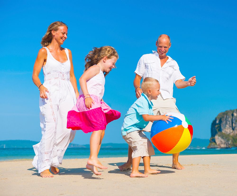 A Caucasian family is enjoying summer vacation