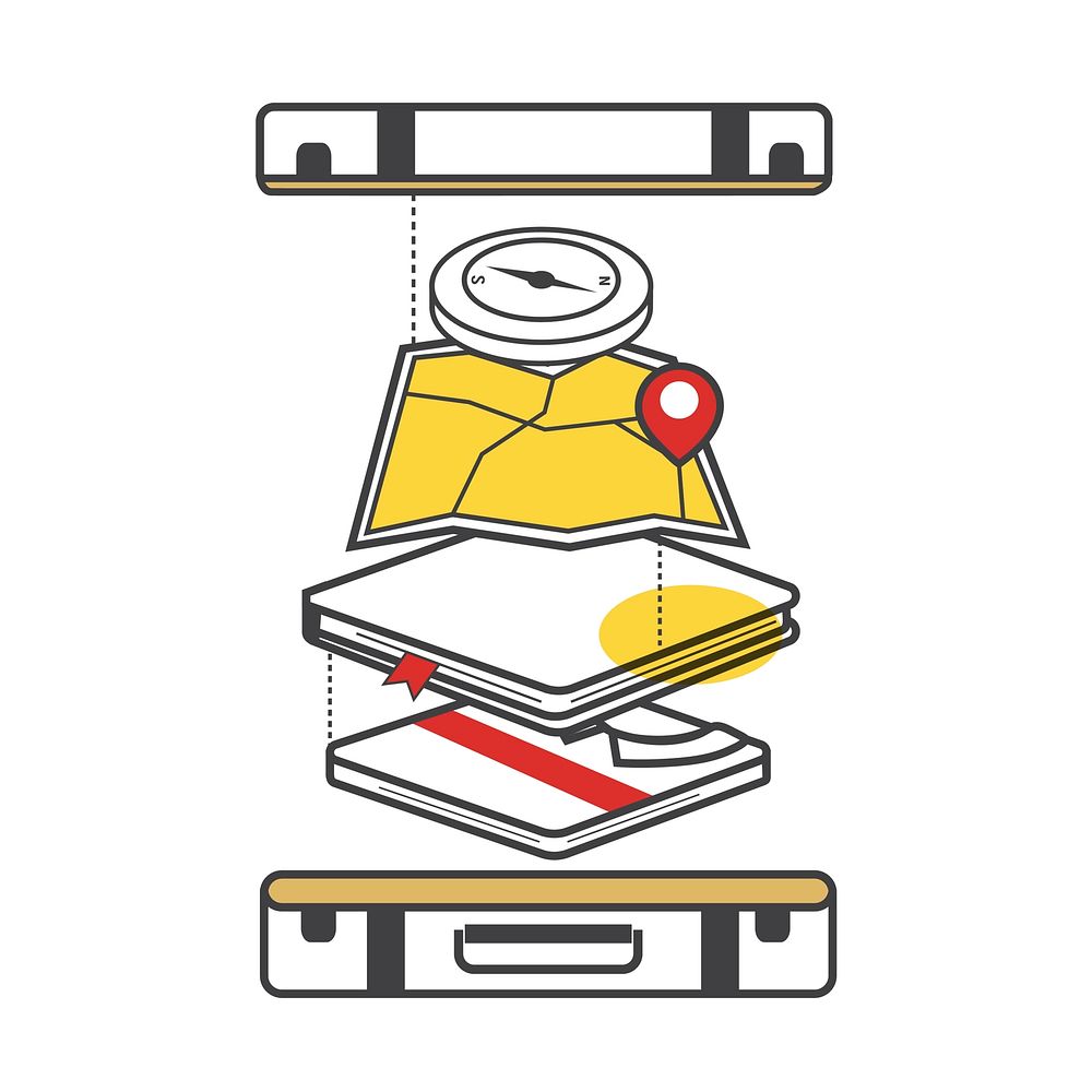 Illustration of luggage packing with map and compass