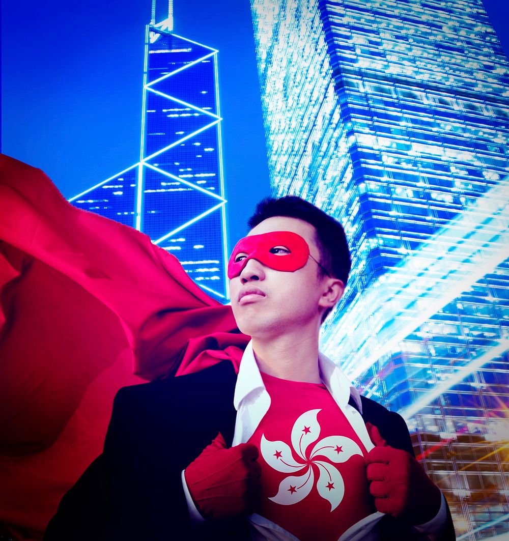 Superhero Hong Kong City Scape Patriotism Businessman Concept