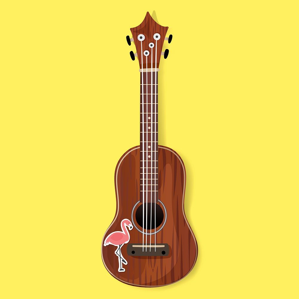 Wooden Guitar Music Instrument  with Flamingo Sticker Vector Illustration