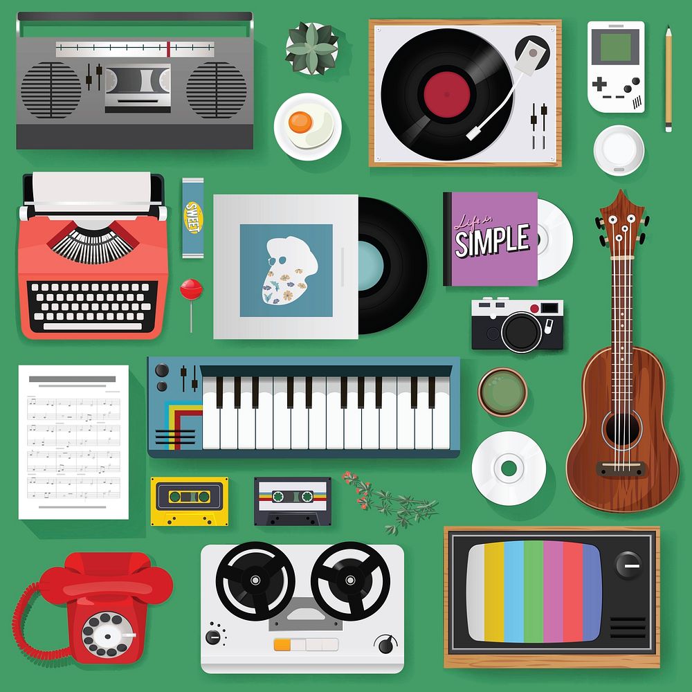 Illustration of vintage music entertainment stuff set