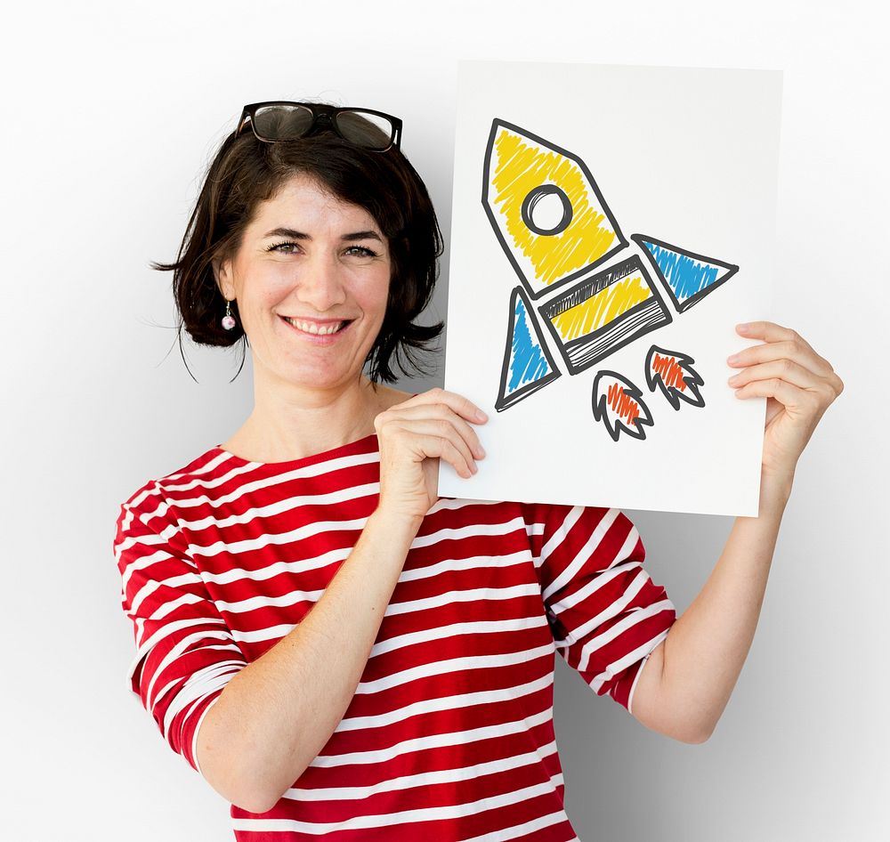 Woman holding placard with rocket spaceship icon