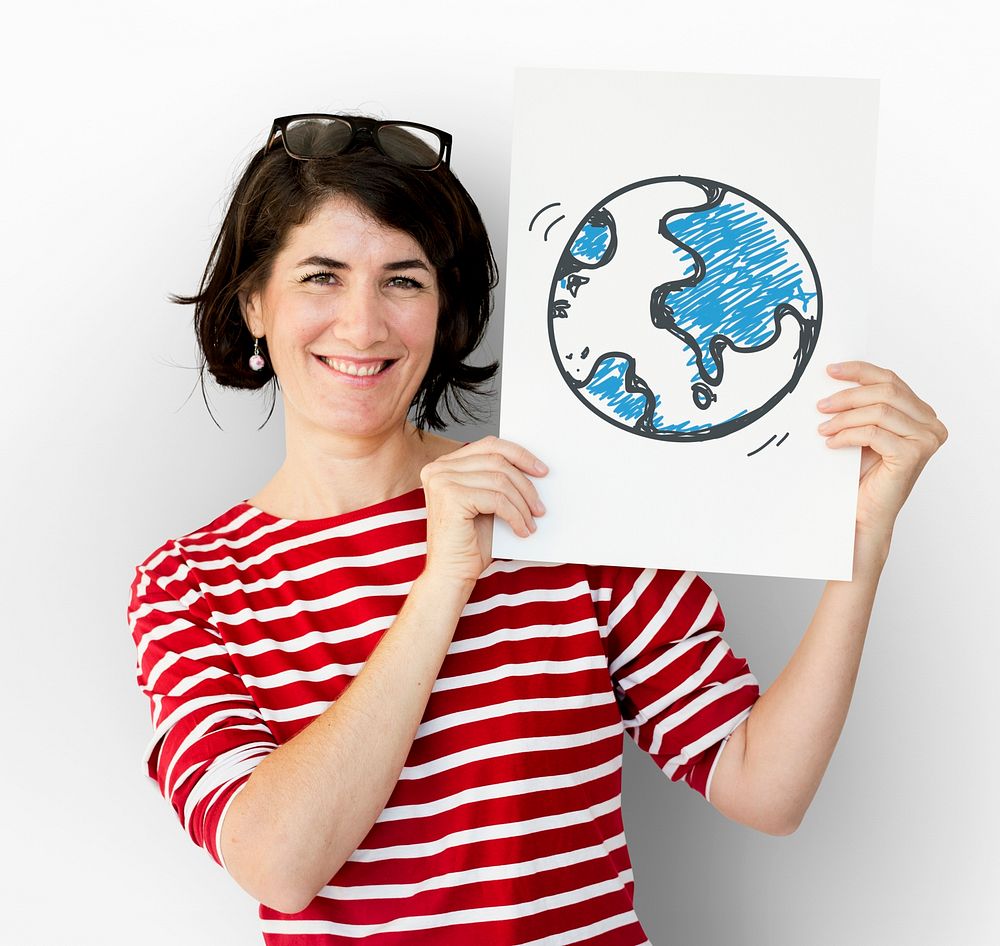 Adult woman hands hold paper with global symbol