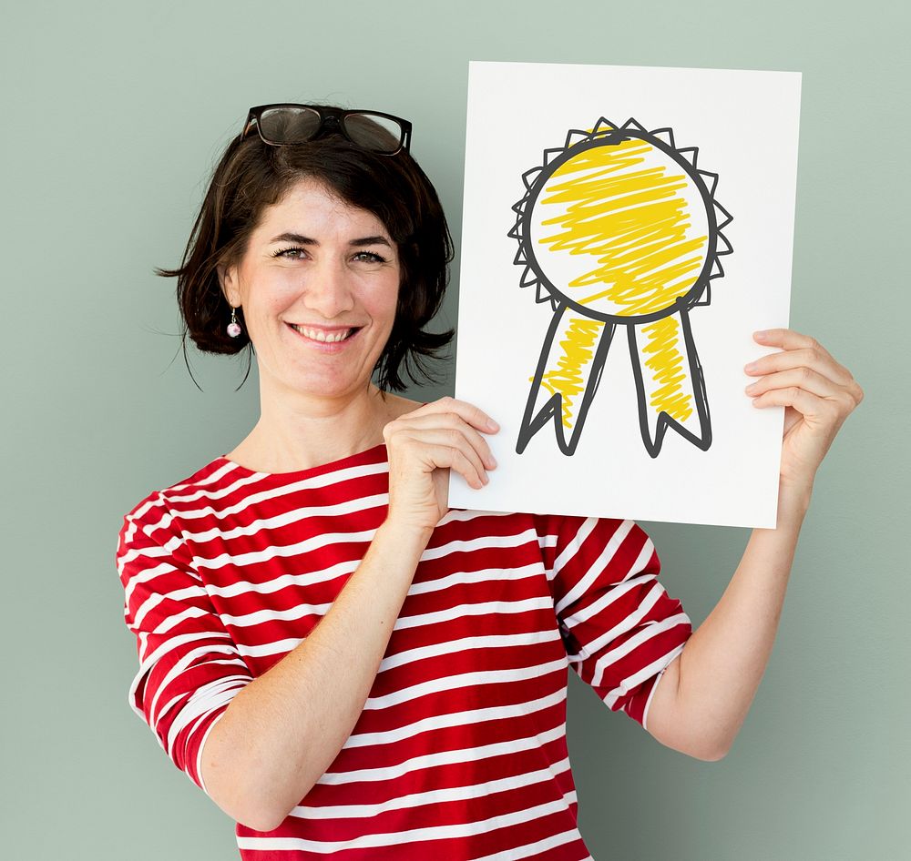 Woman holding placard with badge winning icon