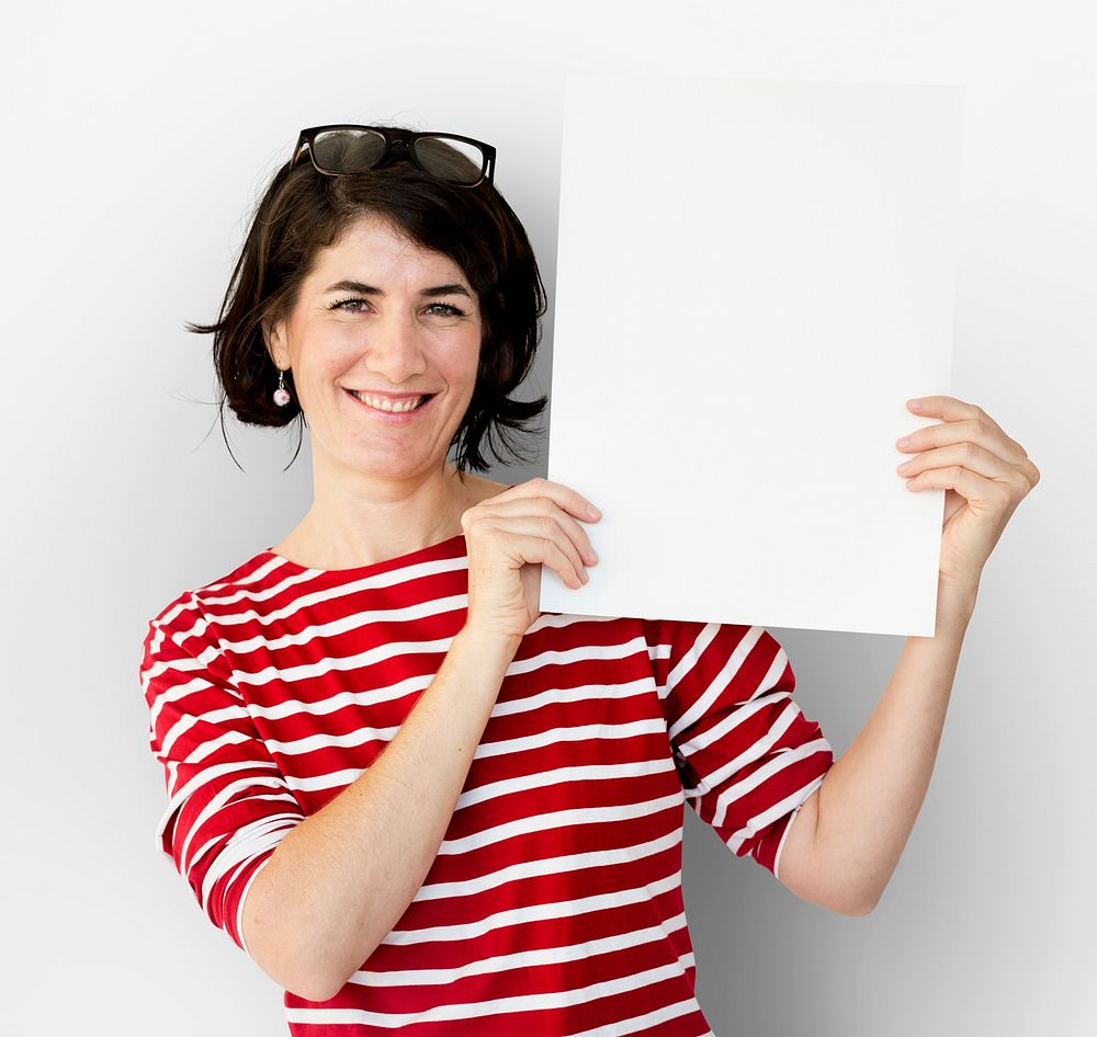 Adult Woman Hands Hold Blank Paper Board Copy Space