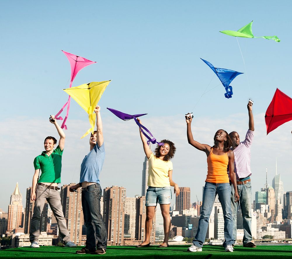 Kite Cheerful Cityscape Fly Sky Colorful Expression Concept