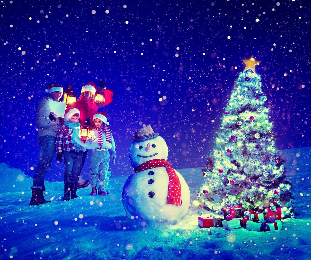 Christmas Tree Family Carol Snowman Concept