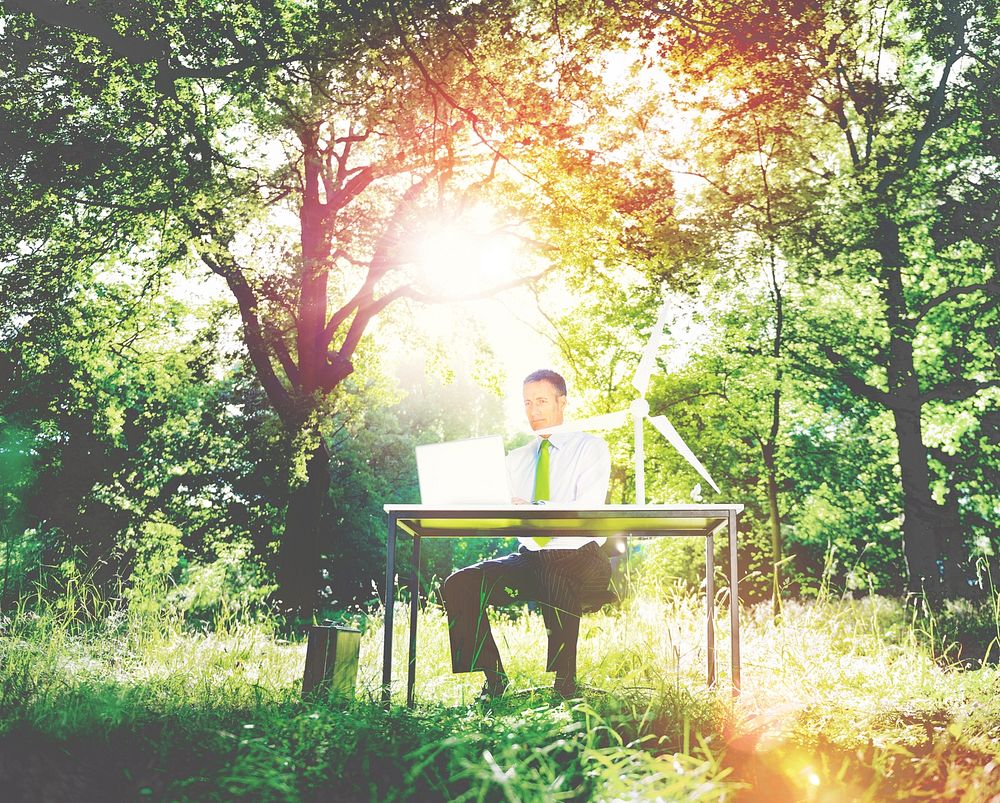 Businessman Working Computer Forest Green Concept