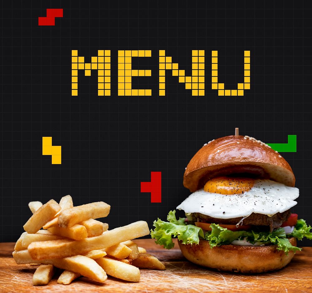 Burger and fries with 8 bit illustration of tasty menu