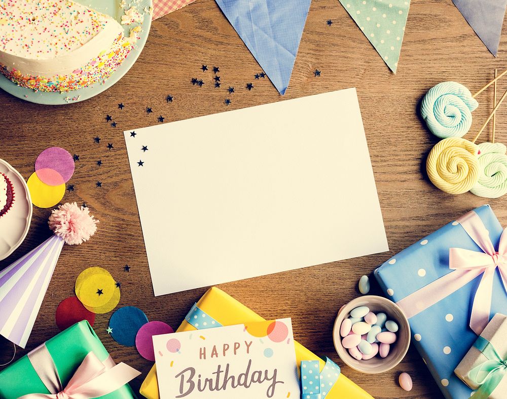 Birthday Celebration with Cake Presents Card Copy Space