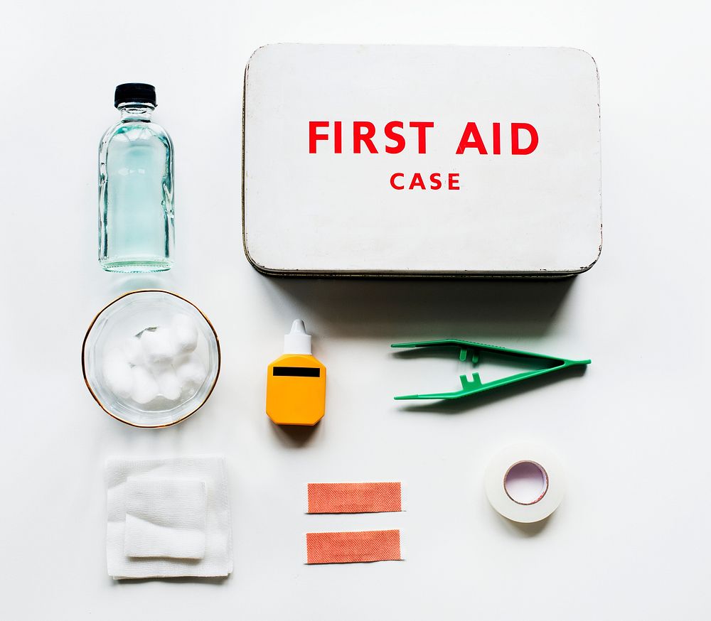 Flat lay of first aid kit