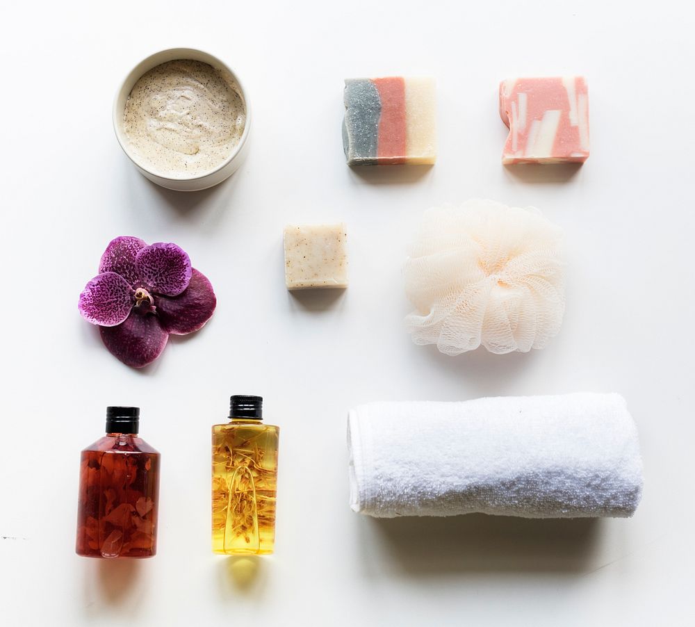 Aroma bodycare flatlay objects on the white background