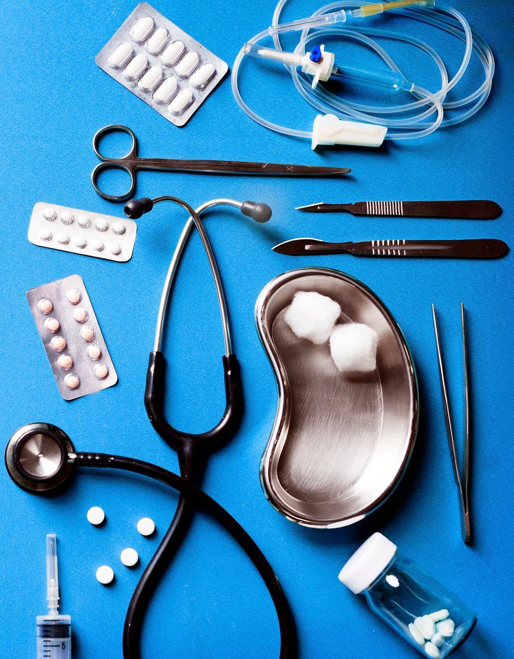 Flatlay of medical equipment and medicines