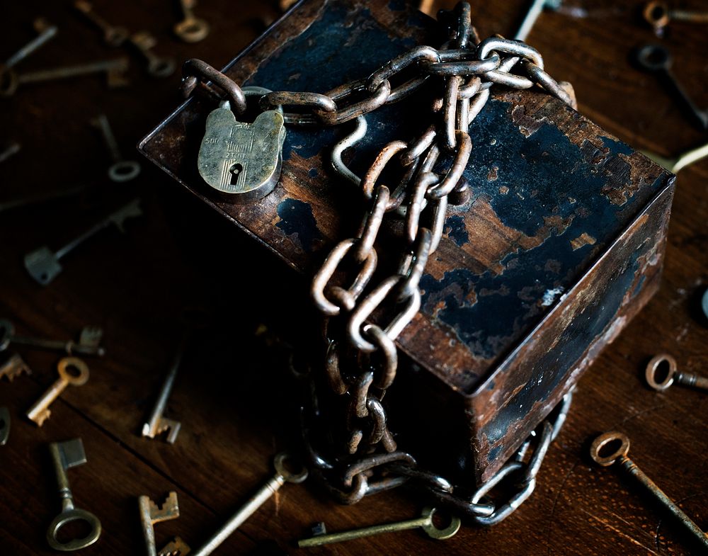 A chained and padlocked box surrounded with keys