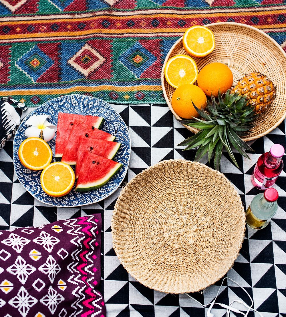 Aerial view of tropical fruits in wooden plates