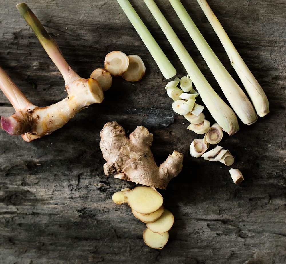 Ginget galangal lemongrass on a wood