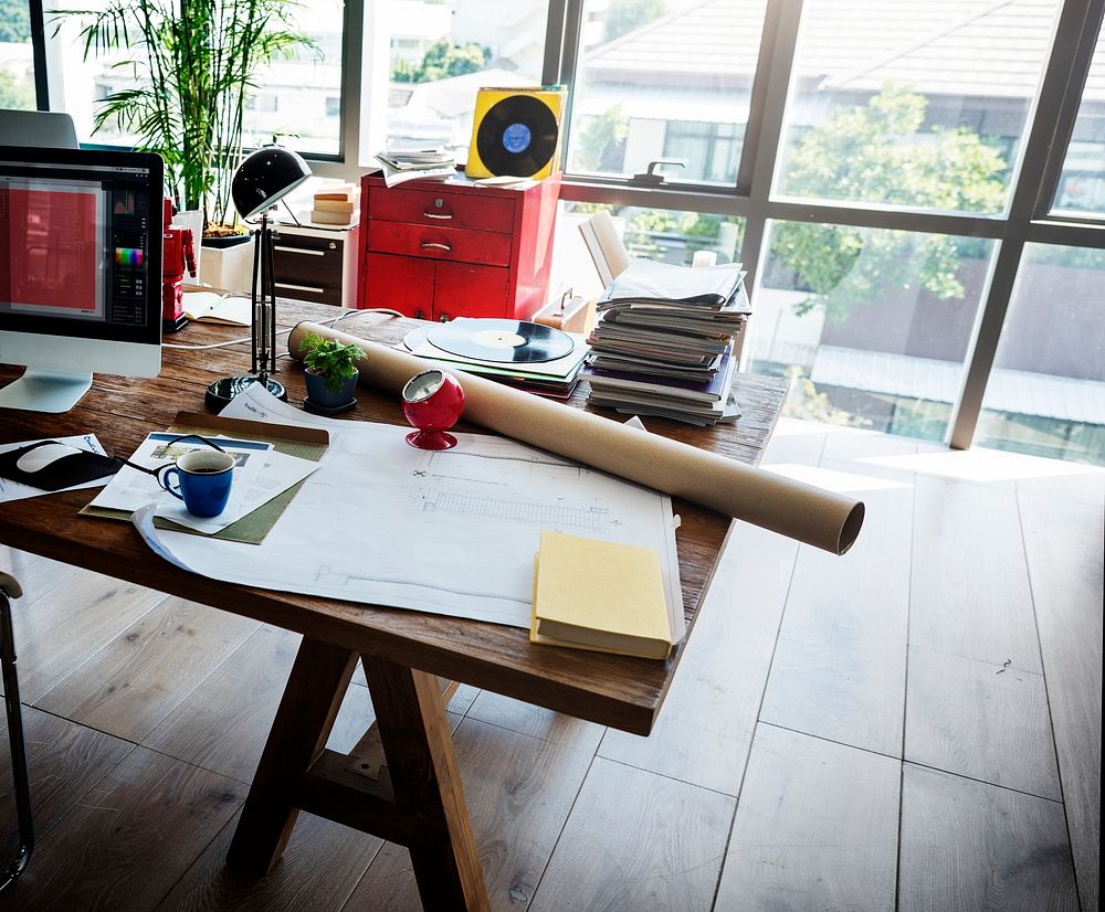 Home Office Window Wooden Table Workplace Concept