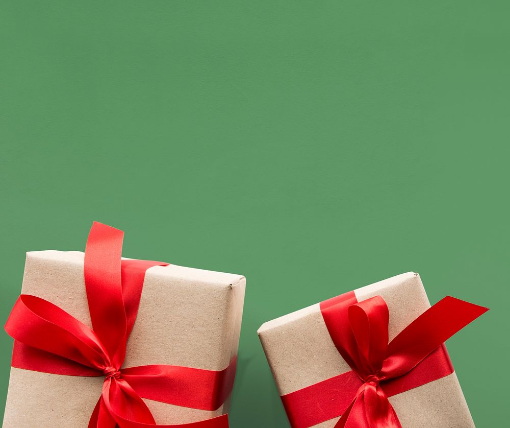Wrapped presents with red ribbons