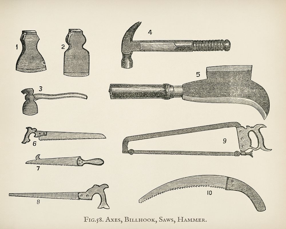 The fruit grower's guide : Vintage illustration of axes, billhook, hammer, saws