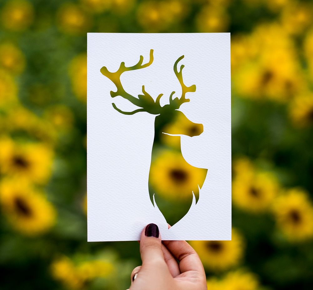 Hand Hold Deer with Antlers Paper Carving with Sunflower Background