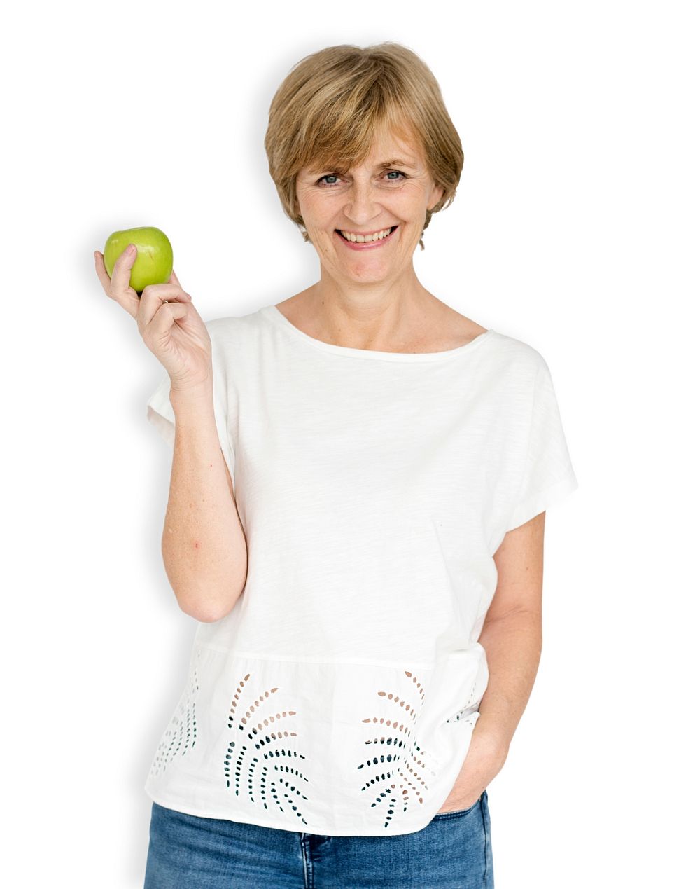 Mature Caucasian Woman Smiling Holding Apple