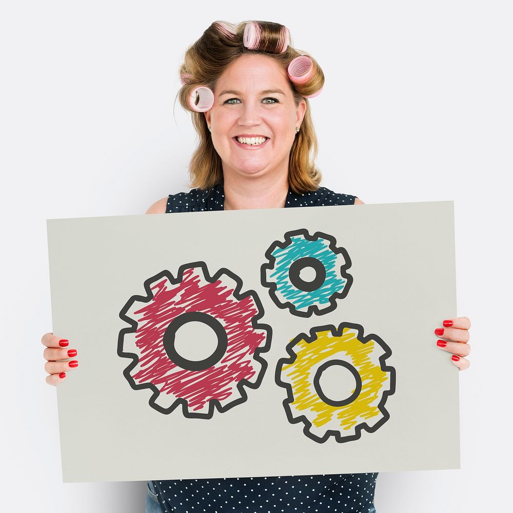 Woman hair roller smiling with a cog symbol